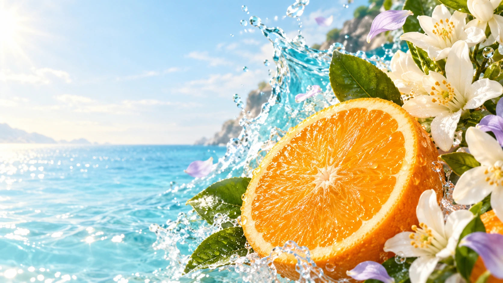 Naranja, agua cristalina y flores que evocan notas aromáticas